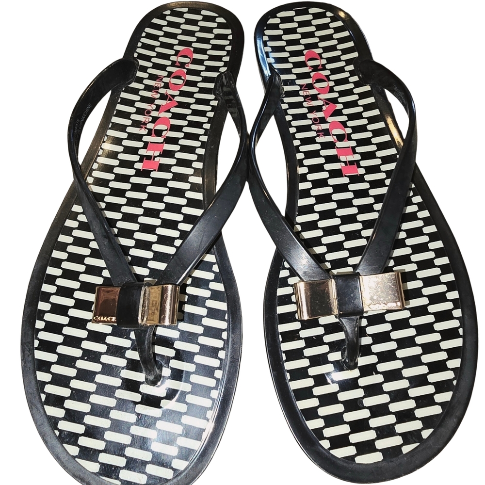 Coach Black and White Sandals with Pink Logo
